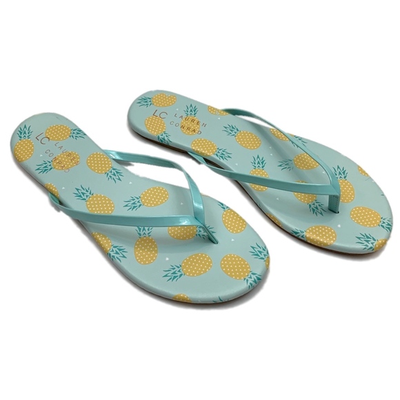LC LAUREN CONRAD Sandals Flip Flops Pineapple Beach Summer Yellow Aqua Sizes 7 9 - Picture 2 of 8